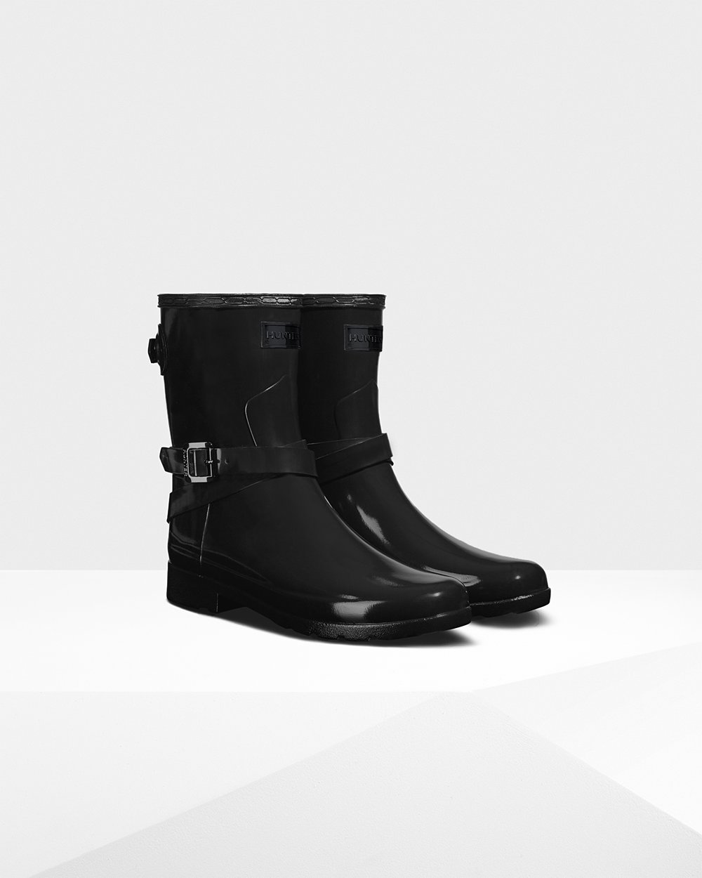 Womens Short Rain Boots - Hunter Refined Slim Fit Adjustable Gloss (31CJGLHUW) - Black